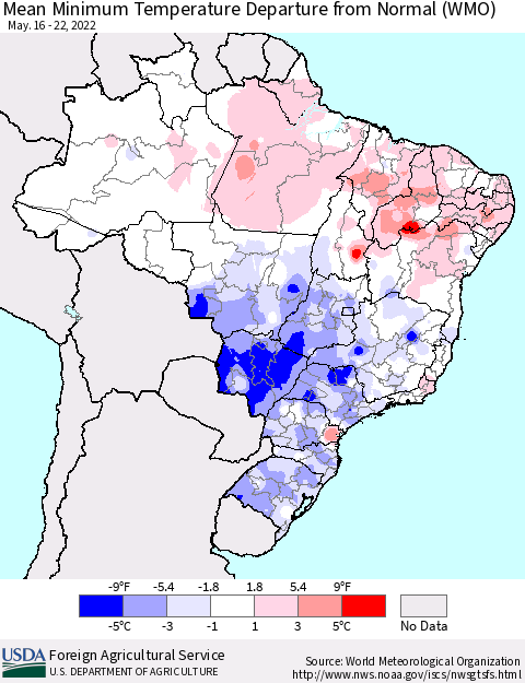 Brazil Mean Minimum Temperature Departure from Normal (WMO) Thematic Map For 5/16/2022 - 5/22/2022