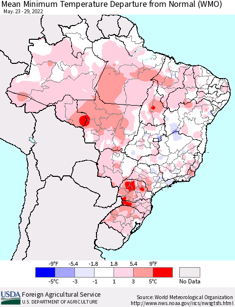 Brazil Mean Minimum Temperature Departure from Normal (WMO) Thematic Map For 5/23/2022 - 5/29/2022
