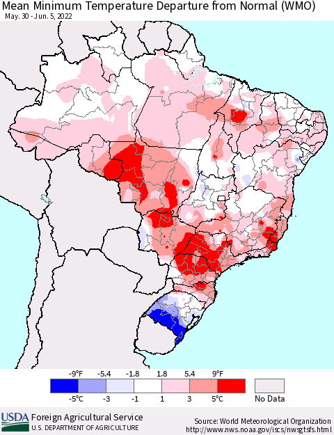 Brazil Mean Minimum Temperature Departure from Normal (WMO) Thematic Map For 5/30/2022 - 6/5/2022