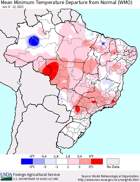Brazil Mean Minimum Temperature Departure from Normal (WMO) Thematic Map For 6/6/2022 - 6/12/2022