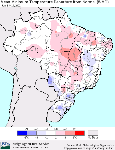 Brazil Mean Minimum Temperature Departure from Normal (WMO) Thematic Map For 6/13/2022 - 6/19/2022