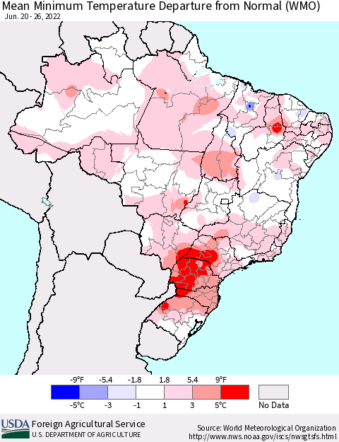 Brazil Mean Minimum Temperature Departure from Normal (WMO) Thematic Map For 6/20/2022 - 6/26/2022