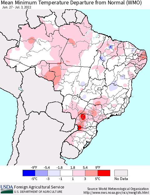 Brazil Mean Minimum Temperature Departure from Normal (WMO) Thematic Map For 6/27/2022 - 7/3/2022