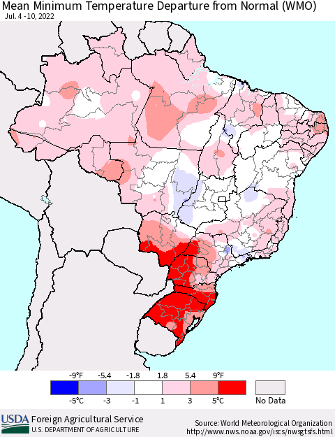 Brazil Mean Minimum Temperature Departure from Normal (WMO) Thematic Map For 7/4/2022 - 7/10/2022