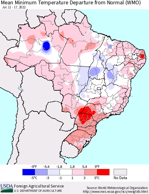 Brazil Mean Minimum Temperature Departure from Normal (WMO) Thematic Map For 7/11/2022 - 7/17/2022