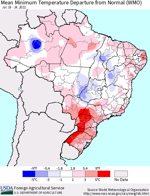Brazil Mean Minimum Temperature Departure from Normal (WMO) Thematic Map For 7/18/2022 - 7/24/2022