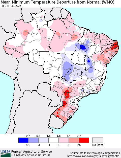 Brazil Mean Minimum Temperature Departure from Normal (WMO) Thematic Map For 7/25/2022 - 7/31/2022