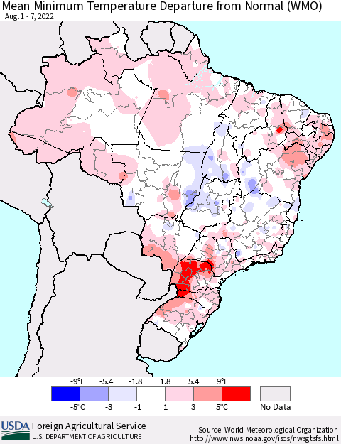 Brazil Mean Minimum Temperature Departure from Normal (WMO) Thematic Map For 8/1/2022 - 8/7/2022