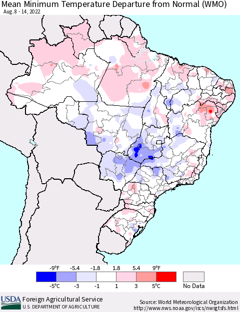 Brazil Mean Minimum Temperature Departure from Normal (WMO) Thematic Map For 8/8/2022 - 8/14/2022