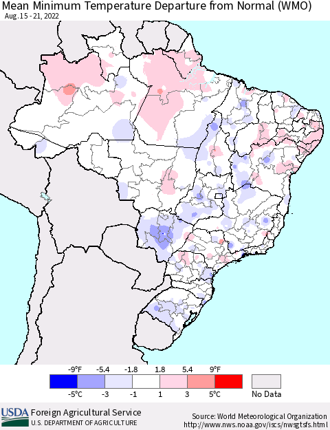 Brazil Mean Minimum Temperature Departure from Normal (WMO) Thematic Map For 8/15/2022 - 8/21/2022