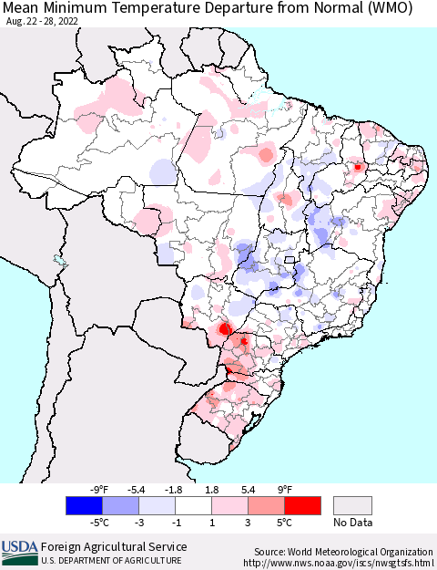 Brazil Mean Minimum Temperature Departure from Normal (WMO) Thematic Map For 8/22/2022 - 8/28/2022