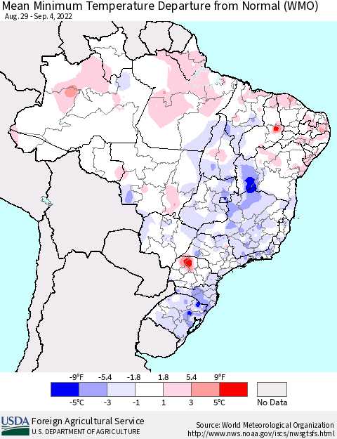 Brazil Mean Minimum Temperature Departure from Normal (WMO) Thematic Map For 8/29/2022 - 9/4/2022