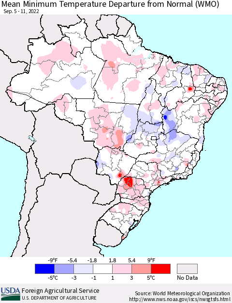 Brazil Mean Minimum Temperature Departure from Normal (WMO) Thematic Map For 9/5/2022 - 9/11/2022