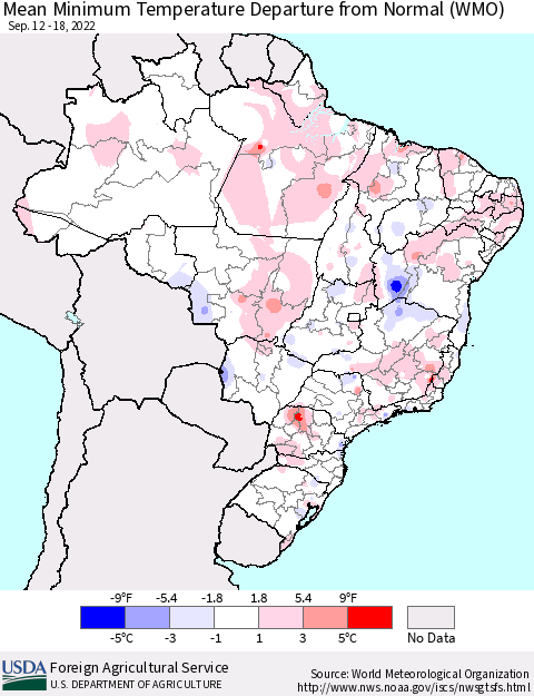 Brazil Mean Minimum Temperature Departure from Normal (WMO) Thematic Map For 9/12/2022 - 9/18/2022