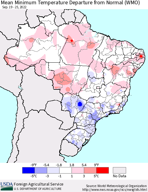 Brazil Mean Minimum Temperature Departure from Normal (WMO) Thematic Map For 9/19/2022 - 9/25/2022