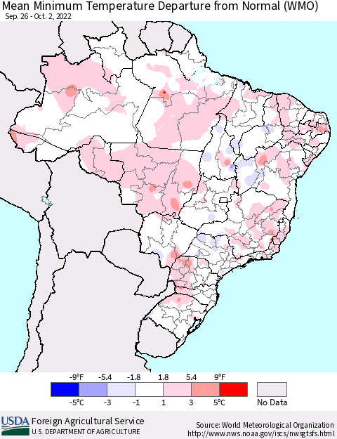 Brazil Mean Minimum Temperature Departure from Normal (WMO) Thematic Map For 9/26/2022 - 10/2/2022
