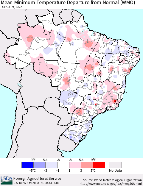 Brazil Mean Minimum Temperature Departure from Normal (WMO) Thematic Map For 10/3/2022 - 10/9/2022