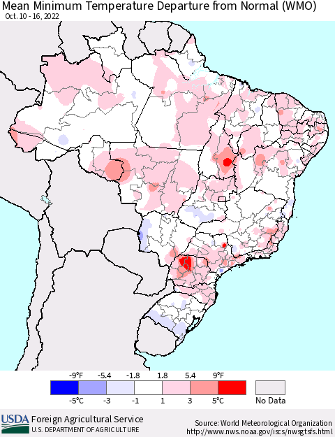 Brazil Mean Minimum Temperature Departure from Normal (WMO) Thematic Map For 10/10/2022 - 10/16/2022