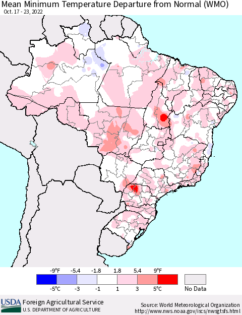 Brazil Mean Minimum Temperature Departure from Normal (WMO) Thematic Map For 10/17/2022 - 10/23/2022