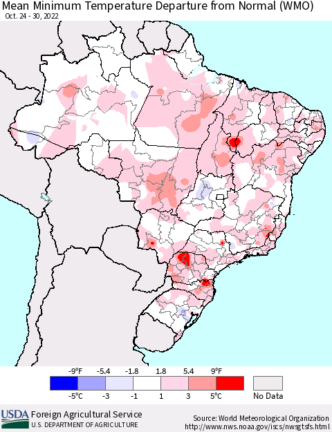 Brazil Mean Minimum Temperature Departure from Normal (WMO) Thematic Map For 10/24/2022 - 10/30/2022