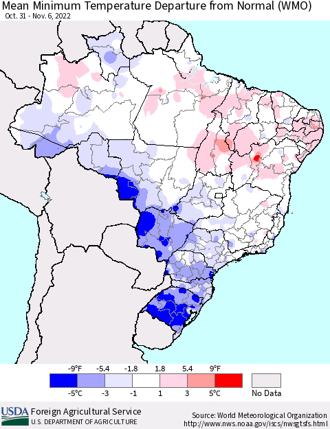 Brazil Mean Minimum Temperature Departure from Normal (WMO) Thematic Map For 10/31/2022 - 11/6/2022
