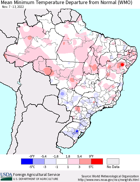 Brazil Mean Minimum Temperature Departure from Normal (WMO) Thematic Map For 11/7/2022 - 11/13/2022