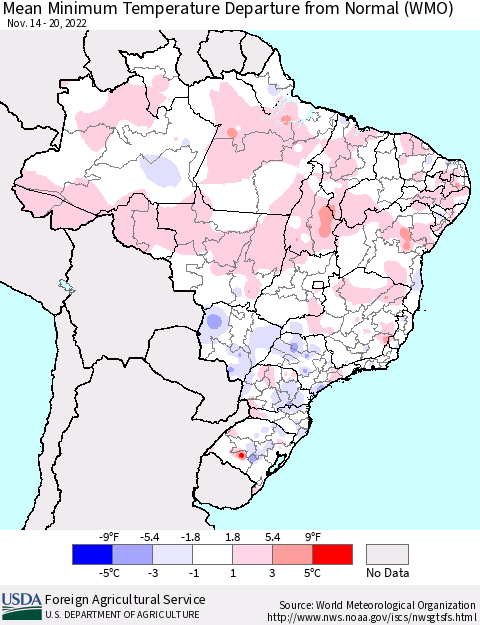 Brazil Mean Minimum Temperature Departure from Normal (WMO) Thematic Map For 11/14/2022 - 11/20/2022