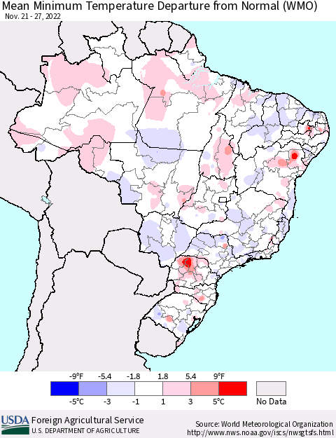 Brazil Mean Minimum Temperature Departure from Normal (WMO) Thematic Map For 11/21/2022 - 11/27/2022
