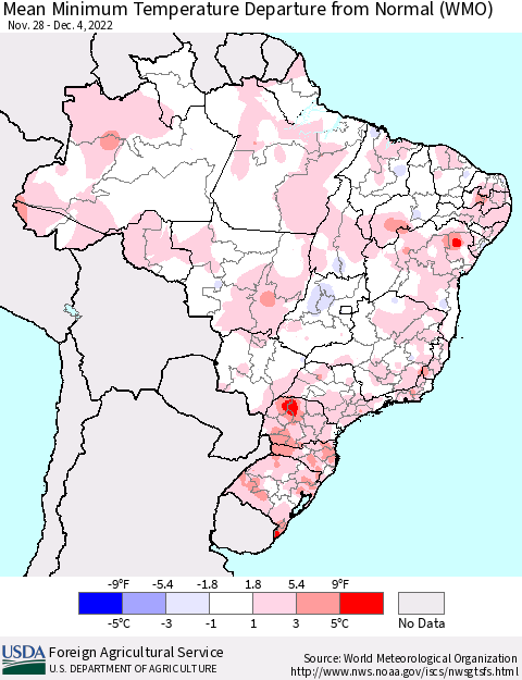 Brazil Mean Minimum Temperature Departure from Normal (WMO) Thematic Map For 11/28/2022 - 12/4/2022