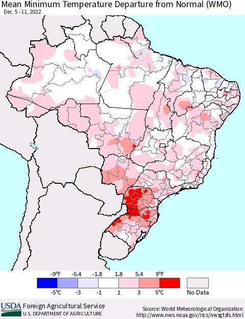 Brazil Mean Minimum Temperature Departure from Normal (WMO) Thematic Map For 12/5/2022 - 12/11/2022