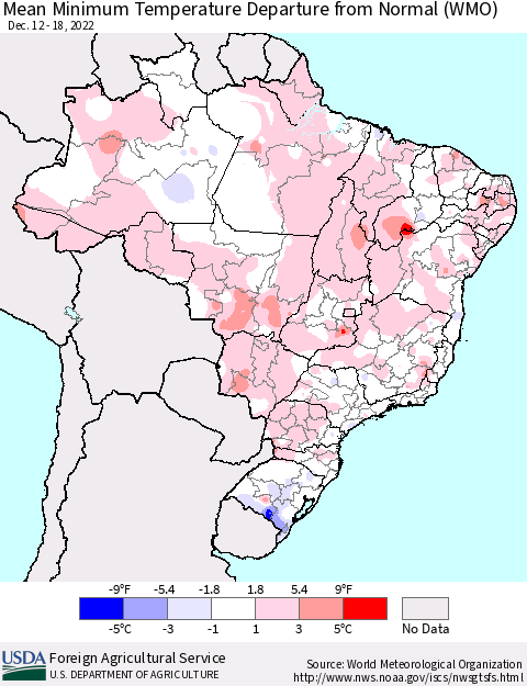 Brazil Mean Minimum Temperature Departure from Normal (WMO) Thematic Map For 12/12/2022 - 12/18/2022