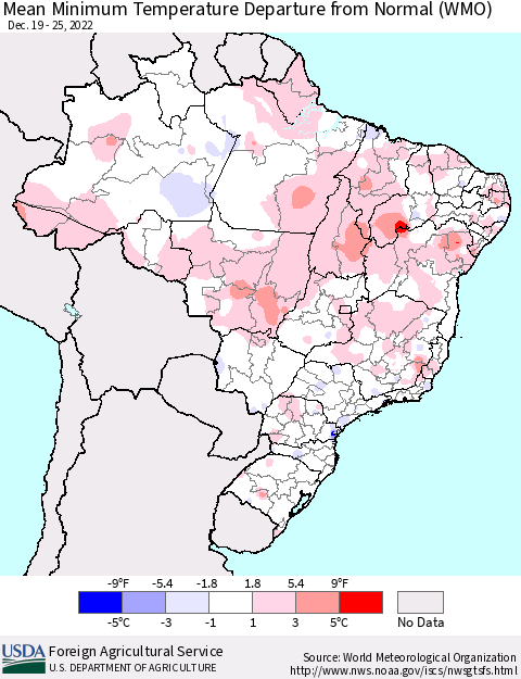 Brazil Mean Minimum Temperature Departure from Normal (WMO) Thematic Map For 12/19/2022 - 12/25/2022