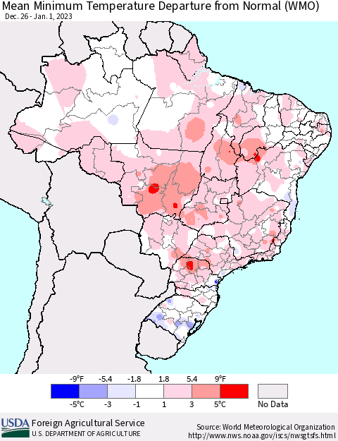 Brazil Mean Minimum Temperature Departure from Normal (WMO) Thematic Map For 12/26/2022 - 1/1/2023