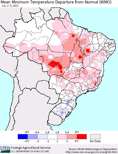 Brazil Mean Minimum Temperature Departure from Normal (WMO) Thematic Map For 1/2/2023 - 1/8/2023