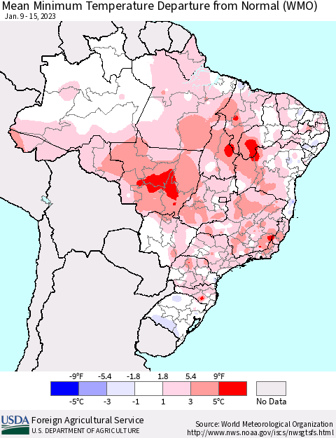 Brazil Mean Minimum Temperature Departure from Normal (WMO) Thematic Map For 1/9/2023 - 1/15/2023