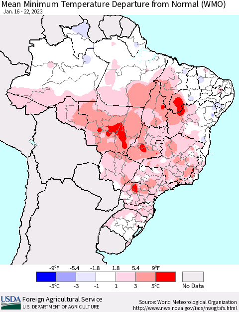 Brazil Mean Minimum Temperature Departure from Normal (WMO) Thematic Map For 1/16/2023 - 1/22/2023