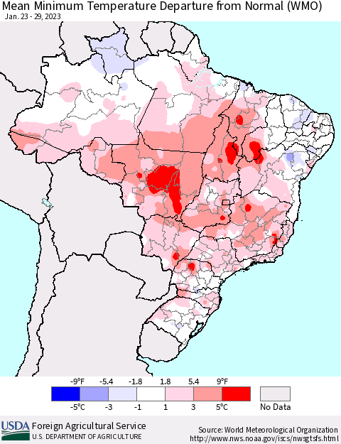 Brazil Mean Minimum Temperature Departure from Normal (WMO) Thematic Map For 1/23/2023 - 1/29/2023
