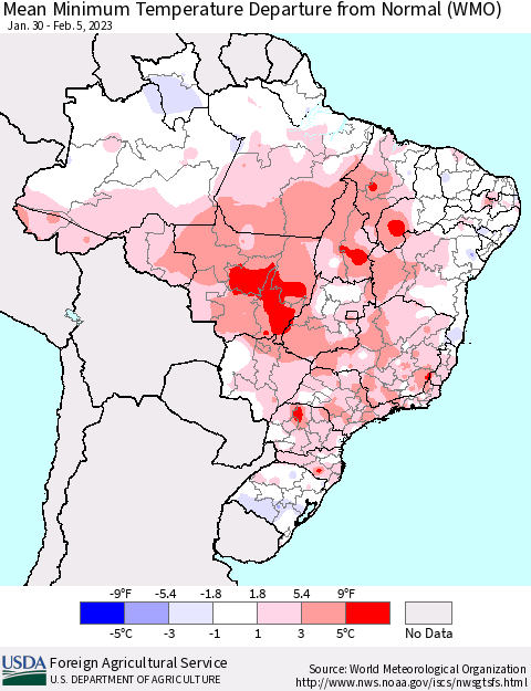 Brazil Mean Minimum Temperature Departure from Normal (WMO) Thematic Map For 1/30/2023 - 2/5/2023