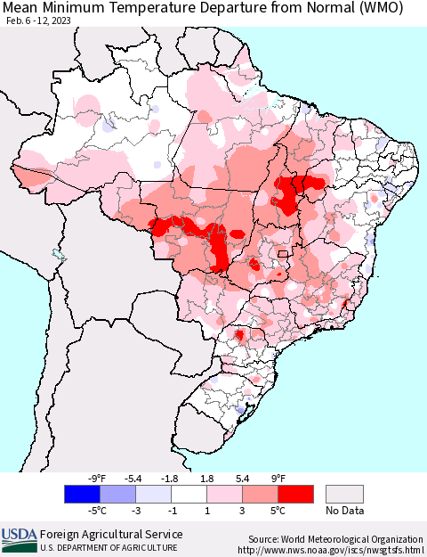 Brazil Mean Minimum Temperature Departure from Normal (WMO) Thematic Map For 2/6/2023 - 2/12/2023