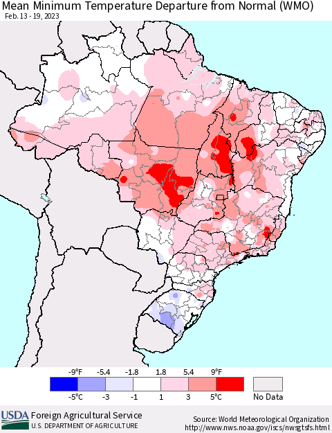 Brazil Mean Minimum Temperature Departure from Normal (WMO) Thematic Map For 2/13/2023 - 2/19/2023