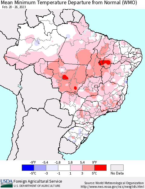 Brazil Mean Minimum Temperature Departure from Normal (WMO) Thematic Map For 2/20/2023 - 2/26/2023