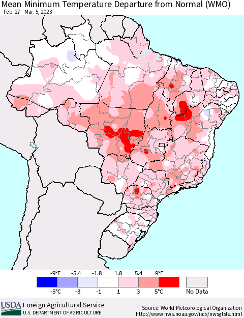 Brazil Mean Minimum Temperature Departure from Normal (WMO) Thematic Map For 2/27/2023 - 3/5/2023