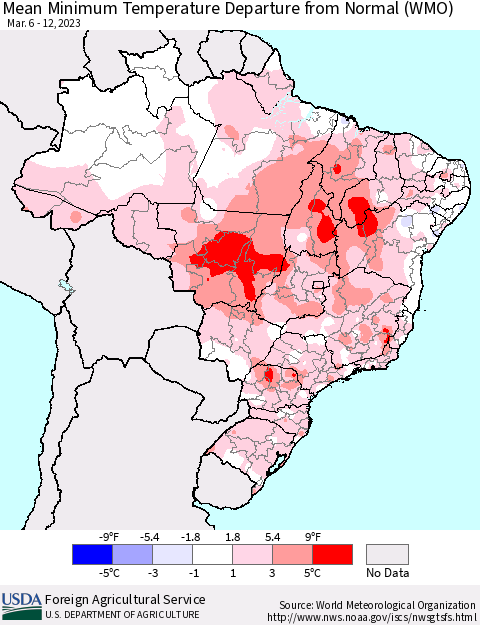 Brazil Mean Minimum Temperature Departure from Normal (WMO) Thematic Map For 3/6/2023 - 3/12/2023