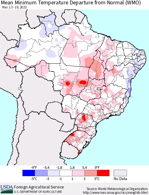Brazil Mean Minimum Temperature Departure from Normal (WMO) Thematic Map For 3/13/2023 - 3/19/2023