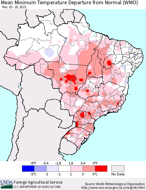 Brazil Mean Minimum Temperature Departure from Normal (WMO) Thematic Map For 3/20/2023 - 3/26/2023