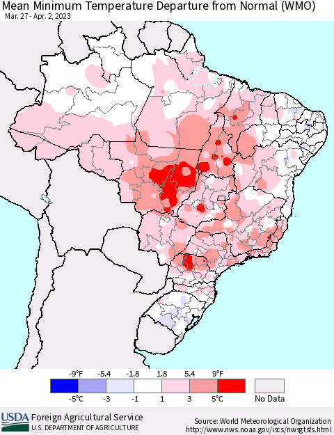 Brazil Mean Minimum Temperature Departure from Normal (WMO) Thematic Map For 3/27/2023 - 4/2/2023