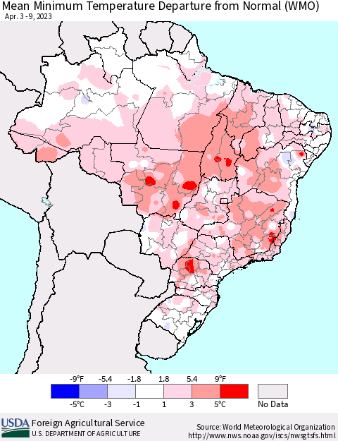 Brazil Mean Minimum Temperature Departure from Normal (WMO) Thematic Map For 4/3/2023 - 4/9/2023