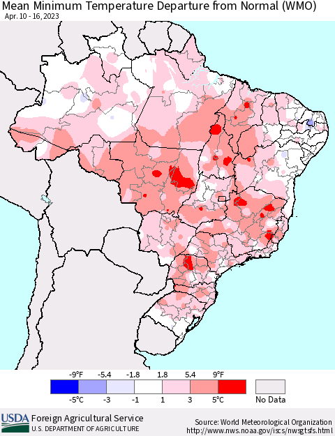 Brazil Mean Minimum Temperature Departure from Normal (WMO) Thematic Map For 4/10/2023 - 4/16/2023