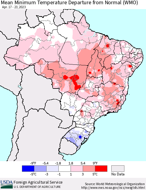 Brazil Mean Minimum Temperature Departure from Normal (WMO) Thematic Map For 4/17/2023 - 4/23/2023