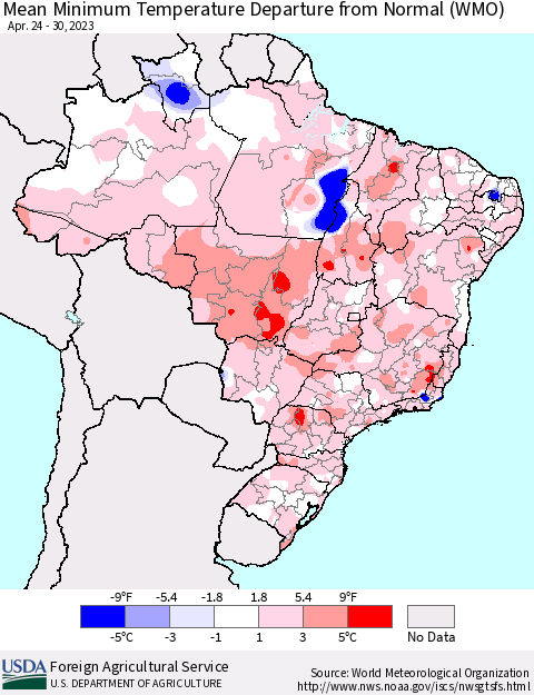 Brazil Mean Minimum Temperature Departure from Normal (WMO) Thematic Map For 4/24/2023 - 4/30/2023